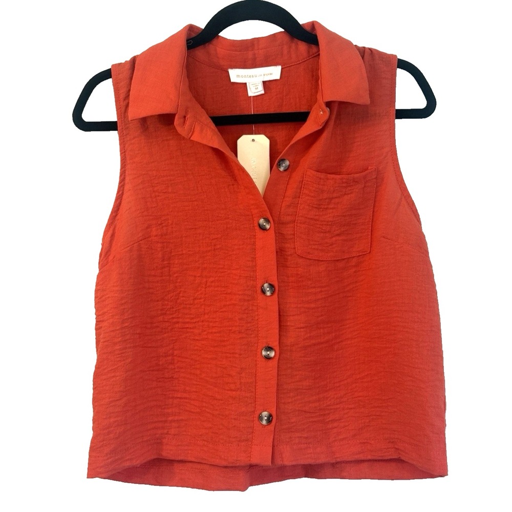 Monteau Los Angeles Sleeveless Collared Top Light Orange Size Medium Women's NWT